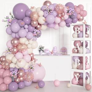 Amandir 153Pcs Purple Baby Shower Decorations for Girl, Double-stuffed Pink Purple Balloon Arch Kit Baby Boxes with Letter Foil Butterfly Balloons Sticker for Birthday Wedding Party Supplies