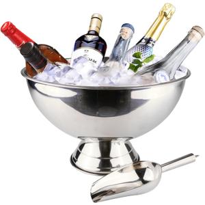 Large Ice Bucket 13L Stainless Steel Champagne Bowl Ice Bucket with Ice Scoop Semicircle Drink Tub with Integrated Base Silver Beverage Tub for Parties, Cocktail Bar, Chilling Wine (1 pack)