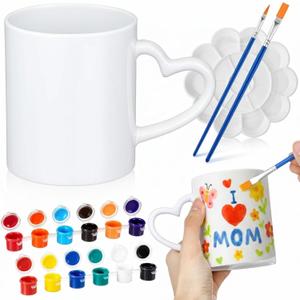 Soulchen 7 Pcs Paint Your Own Mug Kit DIY Mug Painting Kit Include 2 Paintable Mugs 2 Paintbrush 2 Acrylic Paints 12 Color and 1 Palette Tray Coffee Cup Decorating Set Craft Project (Heart)