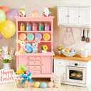 Celltestria 38Pcs Easter Dollhouse Miniatures Decorations 1:12 Scale Mini Pink Wooden Bookshelf Furniture Set Tiny Bottles Flowers Table Chairs Rabbits Eggs Easter Spring Decor