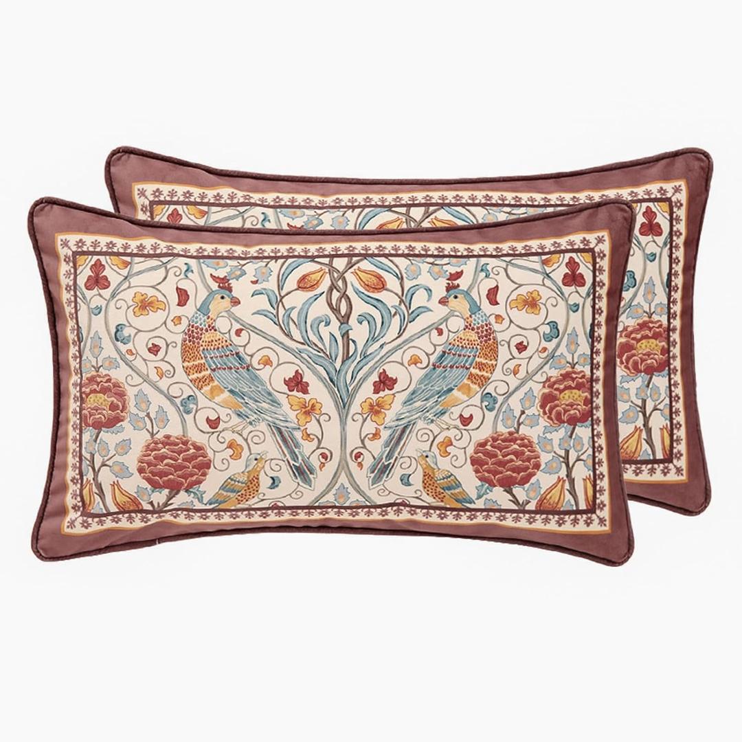 patdrea Designer Vintage Throw Pillow Covers 12"x20",Red Soft Velvet Lumbar Pillows Cover with Birds Floral Pattern,Rectangular Farmhouse Decorative Pillow for Couch Outdoor Set of 2