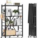 VEVOR 4-Tier Foldable Storage Shelf, 26W x 13D x 46H Inch Folding Metal Rack Shelving Unit, No Assembly Organizer Shelf with 5 Wheels & 4 Hooks for Pantry, Kitchen, Garage, Basement, Black