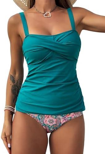 ZAFUL Tankini Swimsuits for Women Tummy Control High Waisted Twist Front Ruched Two Piece Bathing Suit M