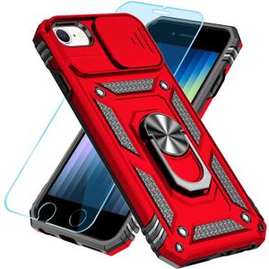 SunStory Compatible with iPhone SE 2022/2020/3rd/2rd / 6/7/8 Case with HD Screen Protector & Slide Camera Cover & Kickstand, [Military-Grade] Phone Case for iPhone SE 2020/2022/6/7/8 (Red)
