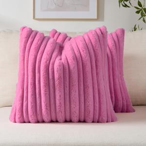 FUTEI Pack of 2 Faux Rabbit Fur Throw Pillow Covers 16x16 Inch Soft Fluffy Thick & Thin Striped Textured Decorative Cushion Case Modern Farmhouse Accent for Couch Bed Living Room, Hot Pink