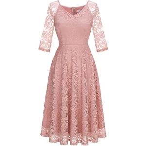 Dressystar Womens Long-Sleeve Wedding Guest Dress A-Line Lace Formal Party Cocktail Midi Dress Prom Gown Size L
