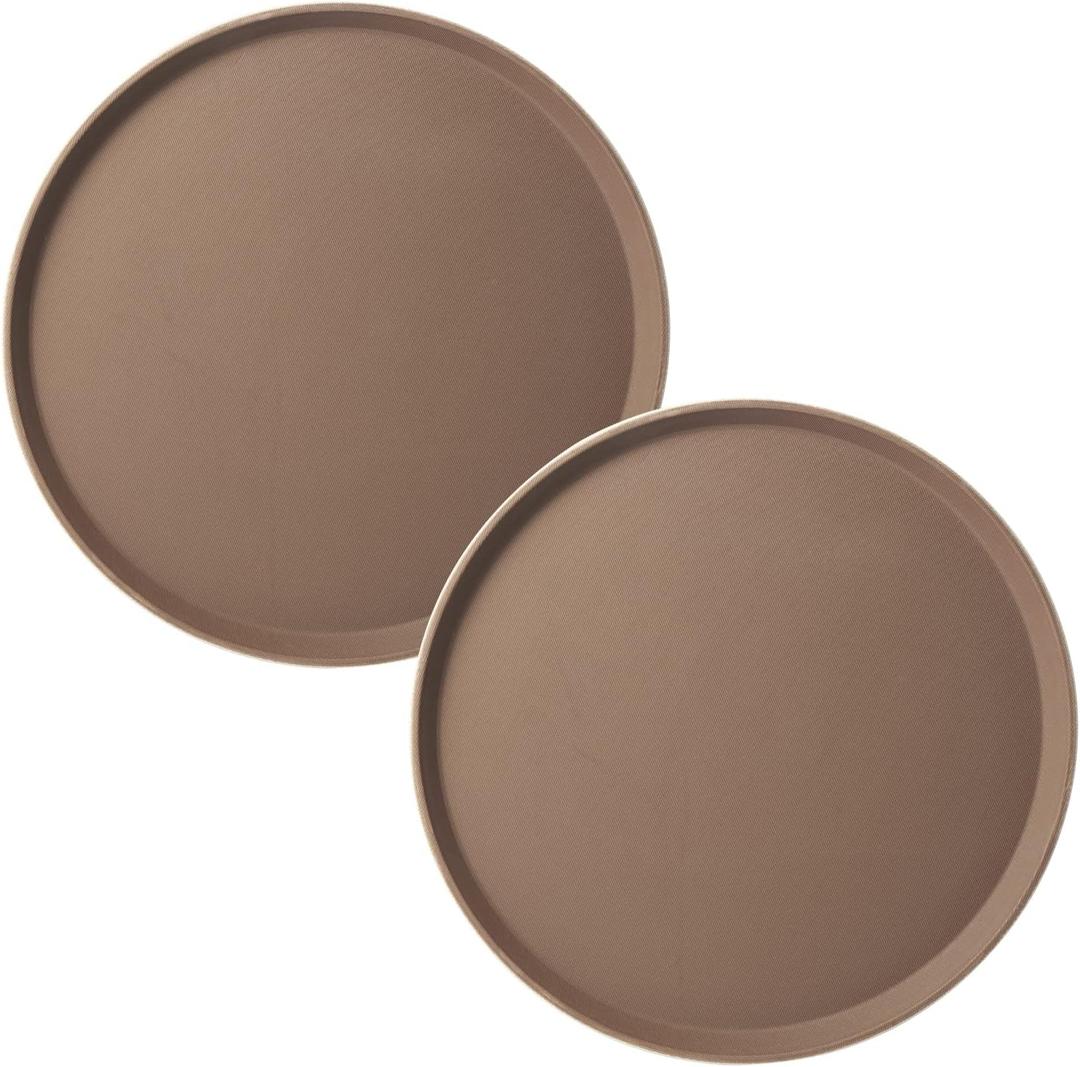 CURTA 2-Pack Restaurant Grade Non-Slip Tray, NSF, 14 Inch, Plastic Rubber Lined Round Serving Tray, Brown