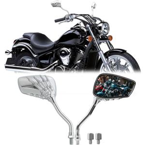 Chrome 8mm/10mm Motorcycle Skull Skeleton Rearview Side Mirrors Compatible with Honda Yamaha Kawasaki Suzuki Aprilia
