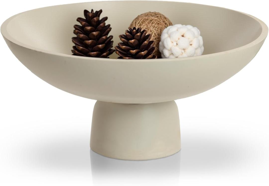 GUSFREUD Large Decorative Fruit Bowl for Kitchen Counter - 11.8 Inch Handcrafted Resin Pedestal Bowls for Home Decor, Modern Key Purse Bowl for Entryway Table, Beige
