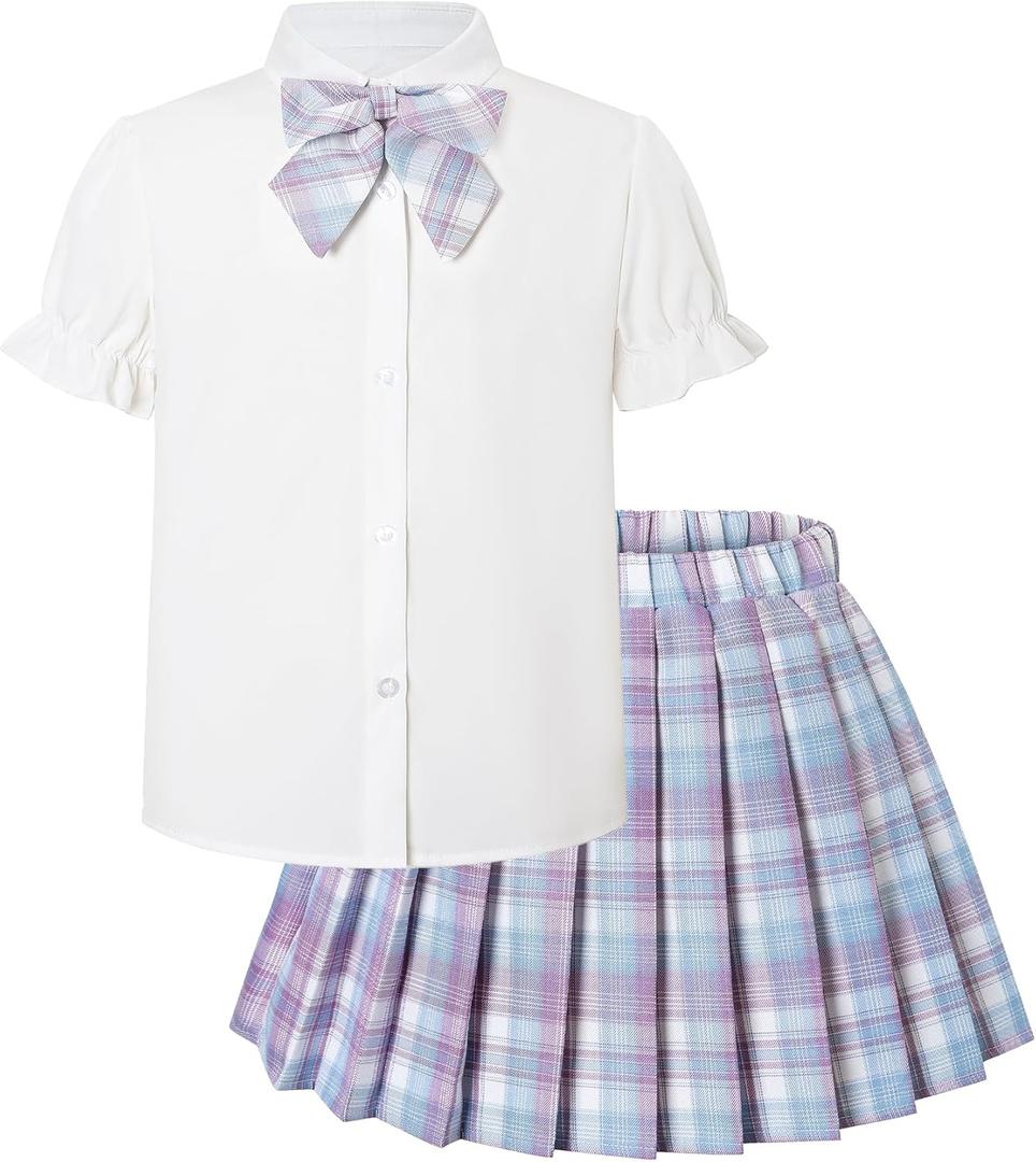 Betusline Girls Skirt Set JK School Uniform 2-Piece Outfit - Short Sleeve Shirt with Bow & Pleated Skirt 4T-14Y