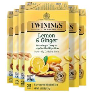 Twinings Lemon & Ginger, Caffeine-Free Herbal Tea Bags, 25 CT Box (6 Pack) | Spicy & Tangy, Ginger, Lemon Peel, Lemongrass, Blackberry Leaves, Soothe Digestion, 150 Foil Lined Individually Wrapped Bags 