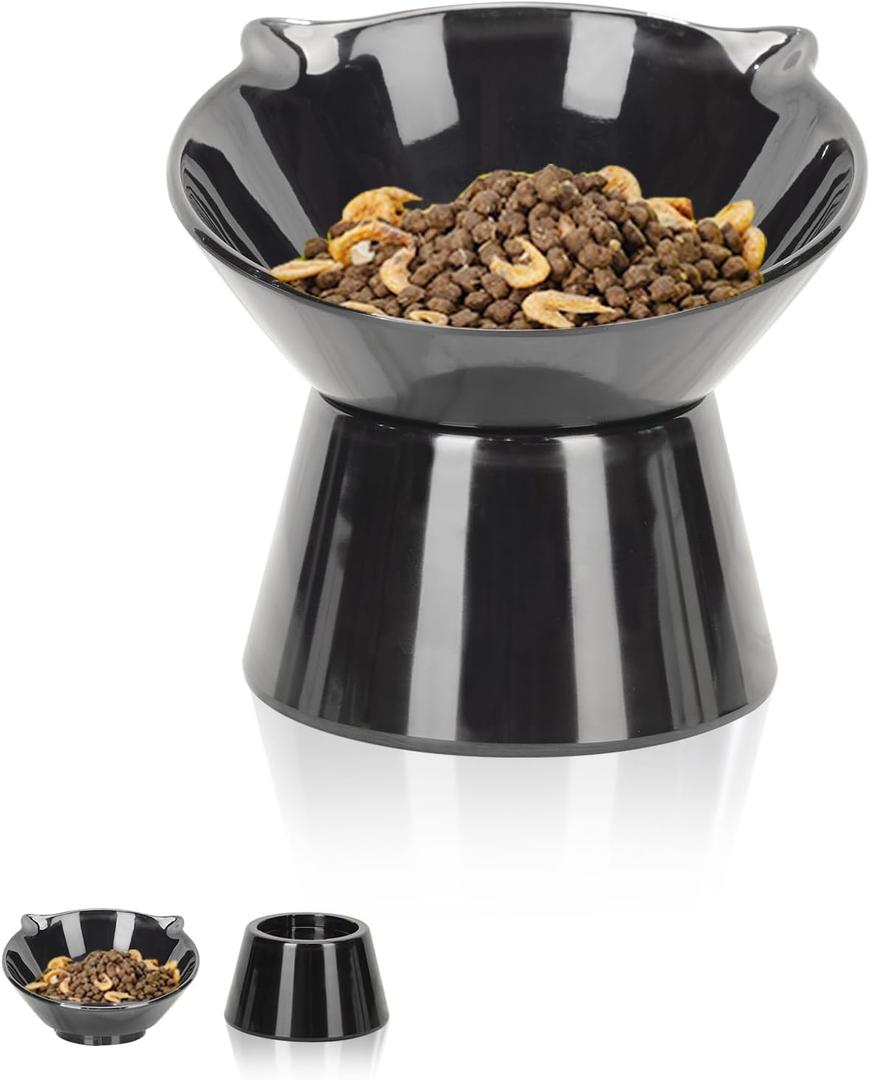 Detachable Elevated Cat Bowls, 15 Tilted Raised Cat Food Bowl Anti-Vomiting,Whisker Friendly, Adjustable Cat Dishes for Protecting Spine,Adult Kitten (Black)