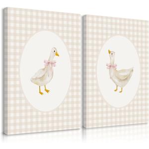 Nursery Goose Wall Art Girl Coquette Canvas Wall Decor Baby Room Wall Art Pink Bow Pictures Vintage Prints Duck Gingham Poster Girl Nursery Painting for Bedroom Living Room 16x24x2 Inch Ready to Hang