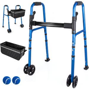 Walkers for Seniors & Adults, Folding Mobility Frame with 2 Skis, Dual 5 Inch Wheels, 2 Precut Tennis Balls & Basket with Reflective Strips, Lightweight Adjustable Height, Compact Design, Blue