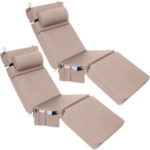 Wenqik 2 Pcs Outdoor Chaise Lounge Cushion with Pillow and Side Pocket Waterproof Lounge Chair Cushions with Pocket on Back 72 x 21 x 4 Inch Patio Pool Replacement Pad (Khaki)