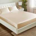 Love's cabin Satin Fitted Sheet Full Size - Beige Silky Bed Fitted Sheet Only with Deep Pocket, Luxury Soft Non-Fading Silk Feel Single Bottom Satin Bed Sheet