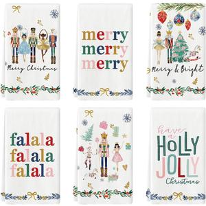 Artoid Mode Nutcracker Xmas Tree Holly Ornament Motto Merry Christmas Kitchen Towels Dish Towels, 18x26 Inch Farmhouse Decoration Hand Towels Set of 6