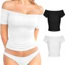 MANGOPOP Off The Shoulder Tops for Women Sexy Short Sleeve T Shirt Tops Slim Fitted Medium