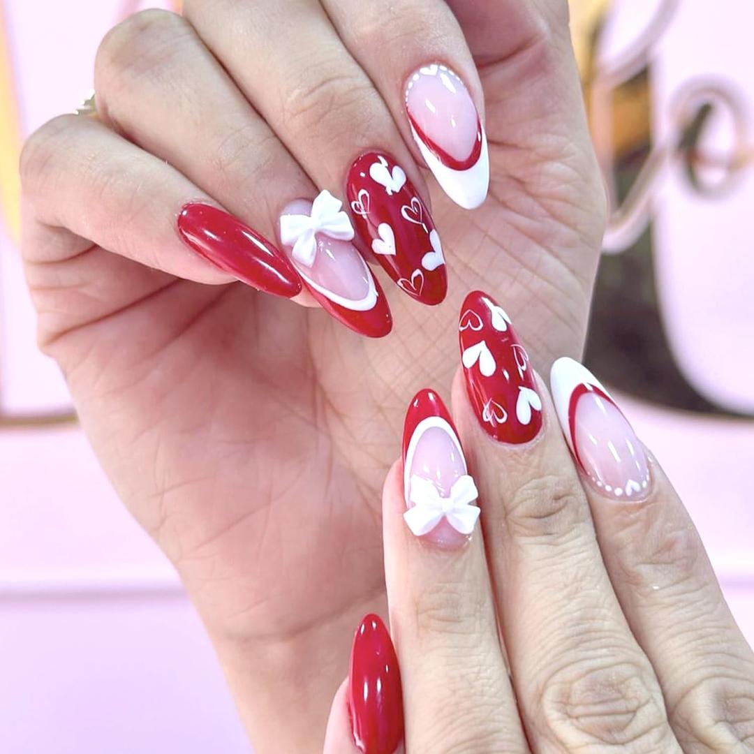 24Pcs French Tip Press on Nails with Charms Medium Length Fake Nails Almond Red White French Press on 3D Bow Design Glossy Heart False Nail Cute Stick on Nails Love Valentine's Nail Tips for Women