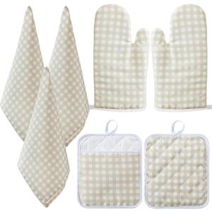 Patelai 7 Pcs Buffalo Check Dish Towels Pot Holders Oven Mitts Set Cotton Plaid Kitchen Dish Towels Non-Slip Heat Resistant Oven Mitts and Pot Holders for Cooking Baking (Light Yellow with White)