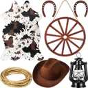 7 Pcs Western Cowboy Party Decorations Cowhide Rug Wooden Wagon Wheel Brown Cowboy Hat Cast Iron Horseshoe Kerosene Lamp Golden Rope for Theme Birthday Go Party Decor