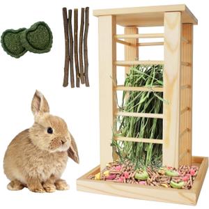 kathson Rabbit Wooden Hay Feeder,Wooden Rabbit Hay Rack Less Wasted Guinea Pig Hay Holder Wood Small Animal Hay Feeder Self Standing Cage Accessories for Chinchillas Hamsters Bunny