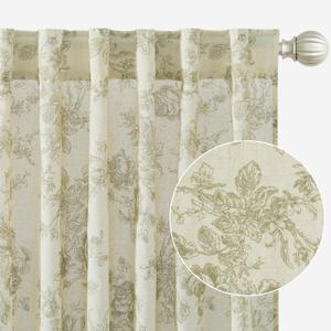 StangH Sage Green Linen Curtains for Living Room, Semi Sheer Floral Curtains 84 inch Length Farmhouse Flower Patterned Printed Drapes for Bedroom Sliding Door, W52 x L84, 2 Panels