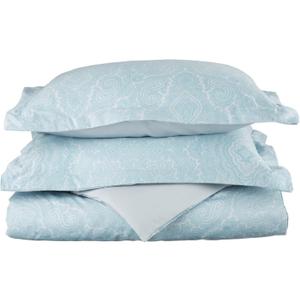Superior Italian Paisley Cotton Blend 600 Thread Count Duvet Cover Set, Oversized Comforter Cover, Floral Bedding Essentials, Button Closure, Includes 1 Duvet Cover, 2 Pillow Shams, Full/Queen, Blue