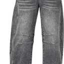 Utyful Barrel Jeans Women Cropped Baggy Trendy High Waisted Distressed Loose Stretch Denim Trouser Jeans with Pockets (Gray, L)