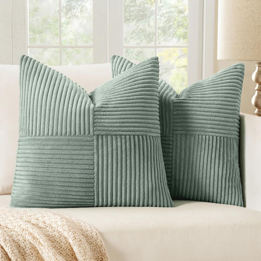 MIULEE Greyish Green Decorative Throw Pillow Covers 18x18 Inch for Couch Bed Sofa Pack of 2 Boho Farmhouse Throw Pillows Soft Cross Corduroy Patchwork Textured Cushion Cases