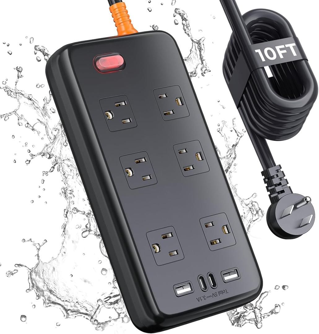 Outdoor Power Strip Weatherproof, IPX6 Waterproof Surge Protector with 6 Wide Outlets and 2USB A&2USB C, 1625W/13A, 10FT Extension Cord, Wall Mountable for Indoor Outdoor, UL FCC Listed