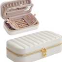 SONGMICS HOME Travel Jewelry Case, Travel Jewelry Box Organizer with Mirror, 4.1 x 8 x 2.4 Inches, Stitching, Portable, Gift Idea, Cloud White UJBC180W01