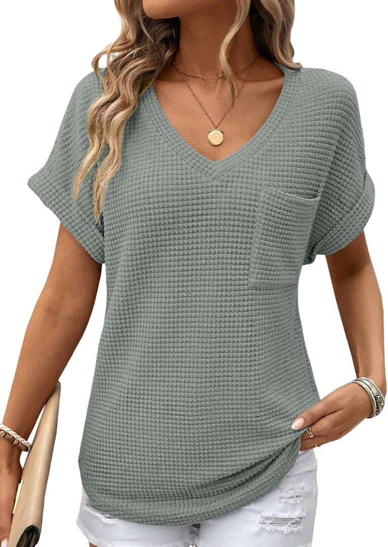 Dokotoo Womens Waffle Knit Tops 2026 Spring Summer V Neck Shirts Casual Trendy Women's Blouses Basic Tee (M)