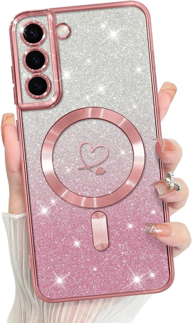 Bonoma Compatible with Samsung Galaxy S21 Plus Case Support for MagSafe, Plating Heart Glitter Magnetic Case TPU Camera Protection Back Cover for Phone Case -Pink
