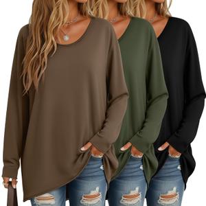 3 Pack Women's Oversize Tops, Long Sleeve Cotton Shirts V Neck Basic Unfinished Edge Tees Casual Loose Fall Tops (Medium, Black, Brown, Army Green)