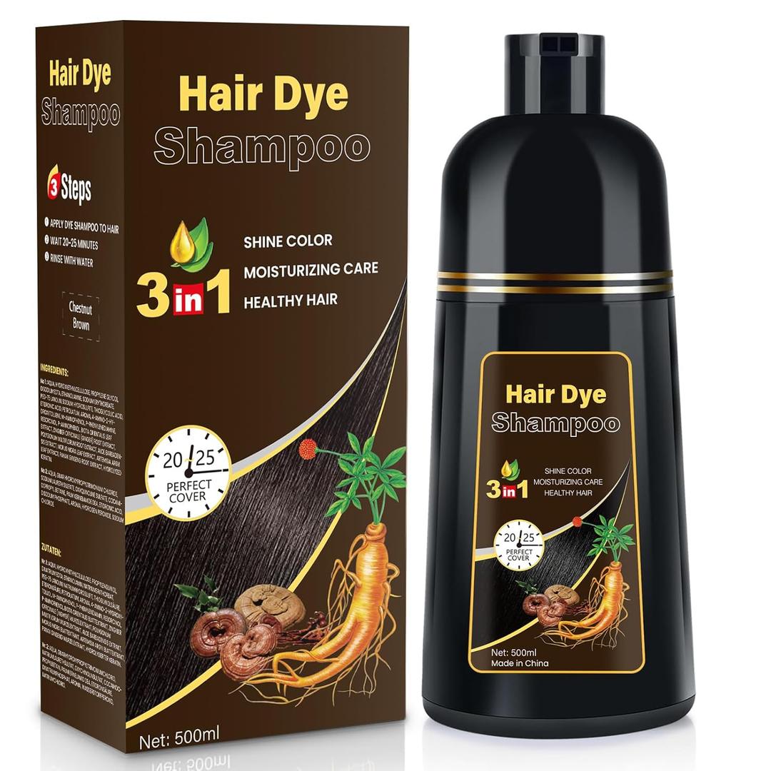 Hair Dye Shampoo Chestnut Brown Men and Women Instant & Easy 3-in-1 Hair Dye Shampoo with Herbal Ingredients Ammonia-free Lasts 30 Days-500ml