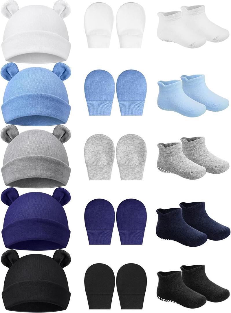 Geyoga Newborn Baby Hat Bear Ears Mittens and Socks Set for 0-6 Month (White, Black, Gray, Light Blue, Navy Blue)