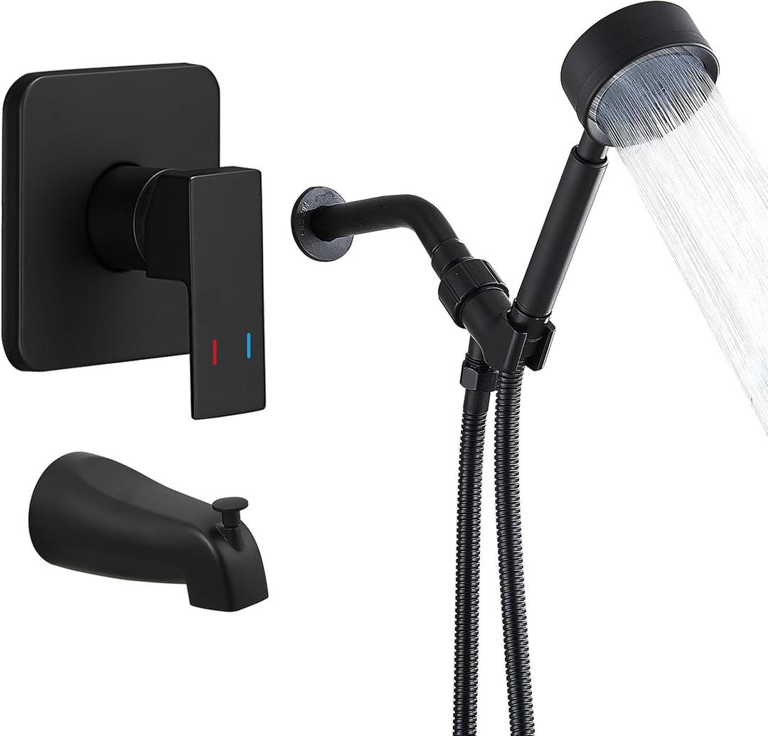 Black Tub Shower Faucet Set Complete with handheld Shower Head and Tub Spout Included Shower Valve Tub Shower Trim Kit Matte