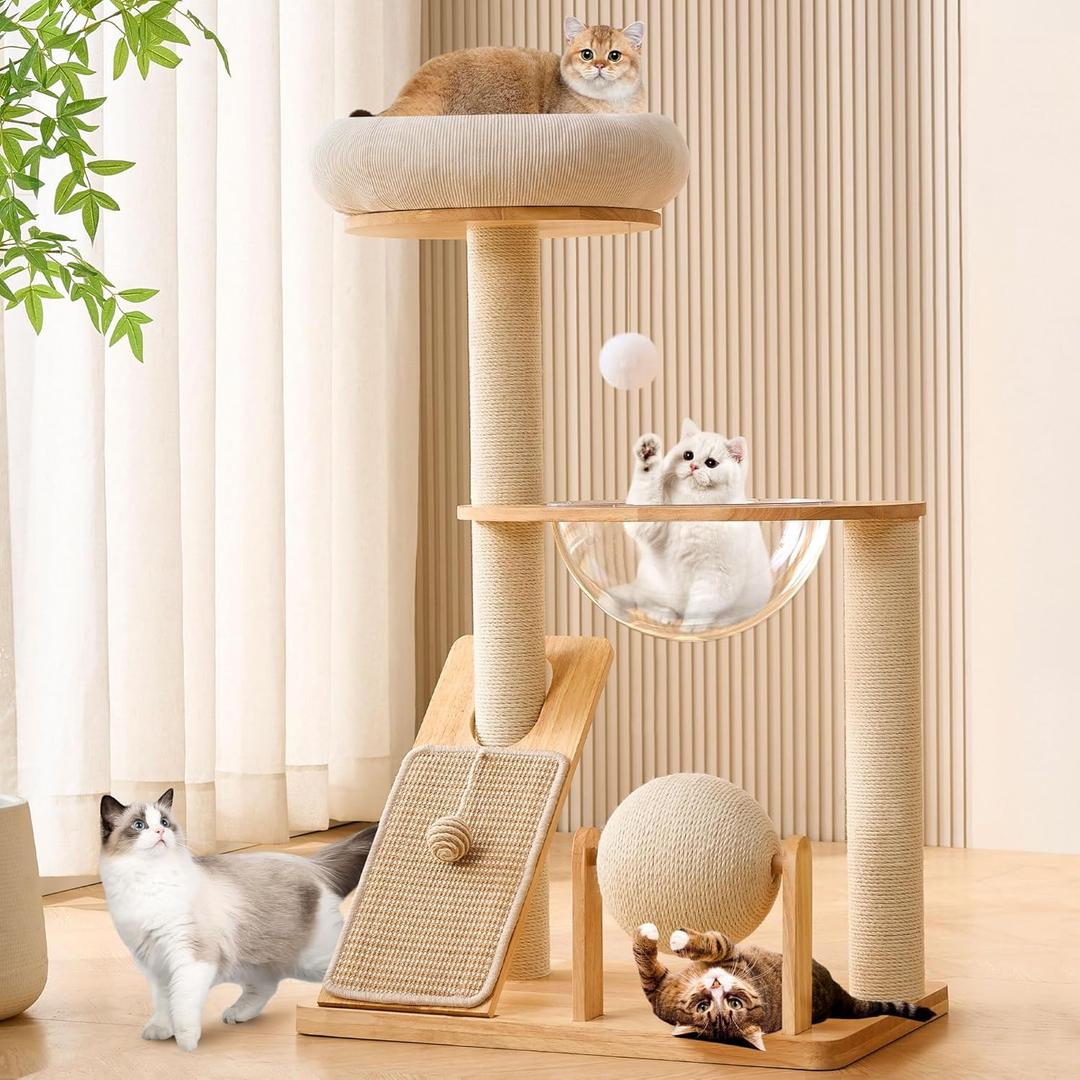 HITTITE Solid Wood Cat Tree Tower with Scratching Post, 37.8 Inches Tall Cat Towers with Scratching Board and Scratcher Ball, Modern Cat Tower With Space Capsule and Removable Top Bed for Indoor Cats. (White)
