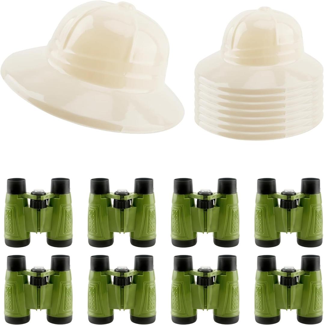 16 Pcs Kids Safari Party Favors Kit 8 Explorer Hats 8 Plastic Binoculars Toys for Boys Girls Jungle Pretend Play Bird Watching Costume Dress Up Gifts
