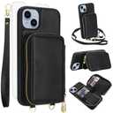 Phone Case for iPhone 13/14 6.1 inch Wallet Cell Cover with Tempered Glass Screen Protector Crossbody Strap Lanyard RFID Blocking Credit Card Holder iPhone13 iPhone14 5G i i-Phone i13 i14 Women Black