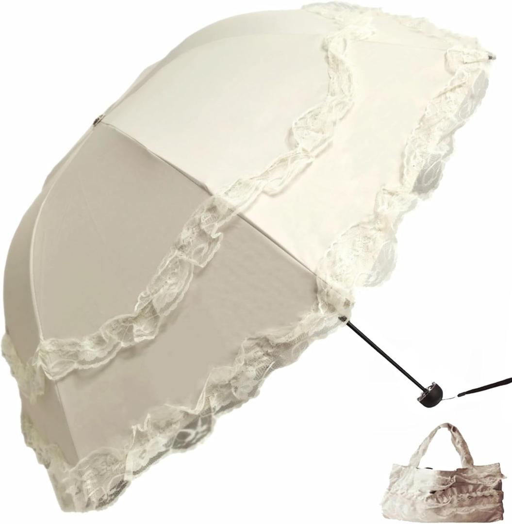 Vintage Lace Parasol Gothic Lolita Umbrella UV Sun Protection Witch Cosplay Photoshoot Props Party Decoration (Off-white)