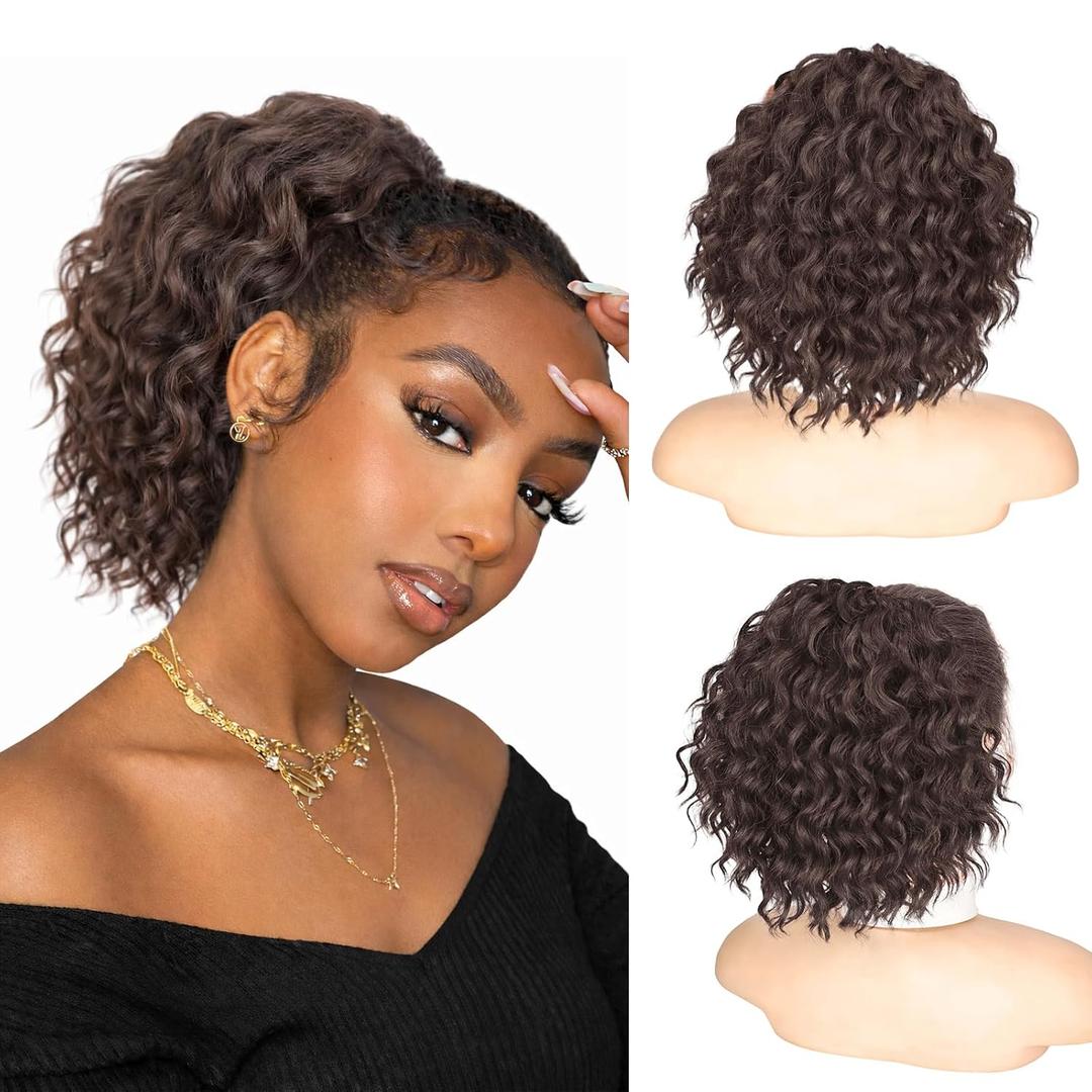 Isaic Ponytail Extension 8 Inch Short Wavy Curly Ponytails Drawstring Ponytail for Black Women Dark Brown Pony Tails Hair Extensions Synthetic Hairpiece for Daily Use