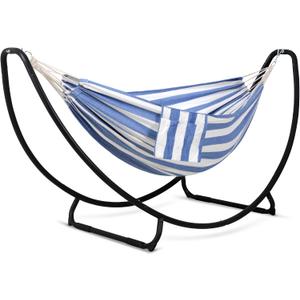 SUNCREAT Portable Large Hammock with Stand, Two Person Hammock with Stand Included, Patent Pending, Blue White