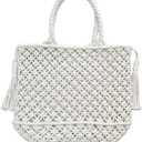 Hand-Woven Cotton Crochet bag Women's Summer Beach Tote Bag Crochet Clutch Bag Woven Envelope Bag with Cute Tassel (White)