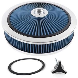 14" X 3" Round Air Cleaner Filter Assembly Kit With High- Flow Thru Lid Washable & Reusable for Caburetor Lid 5-1/8" Carb Neck Compatible with Ford/GMC/Chevy SBC BBC (BLUE)