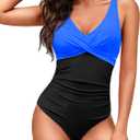 HEYTALALA Women's One Piece Swimsuits Tummy Control Push Up Bathing Suits Wrap V Neck Cutout Tie Back Slimming Swimwear (Blue Black)