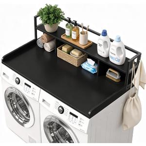 2-Tier Washer Dryer Countertop with Shelf, 54"x27.5" Wooden Laundry Topper with Edge and 2 Hooks, Washing Machine Counter Top Storage Shelf for Laundry Room Organization (Black)