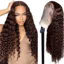 Deep Wave 4# Brown HD Lace Front Wigs 4x4 Inch Brazilian Virgin Human Hair Pre Plucked 180% Density Glueless Wear For Women 30 Inch