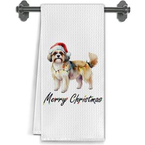 Merry Christmas Shih Tzu Dog Kitchen Towels, Shih Tzu Gifts for Women Dish Tea Towels for Kitchen Decor, Small Dog Gifts Decorative Hand Towel for Bathroom, 16x24 Inch